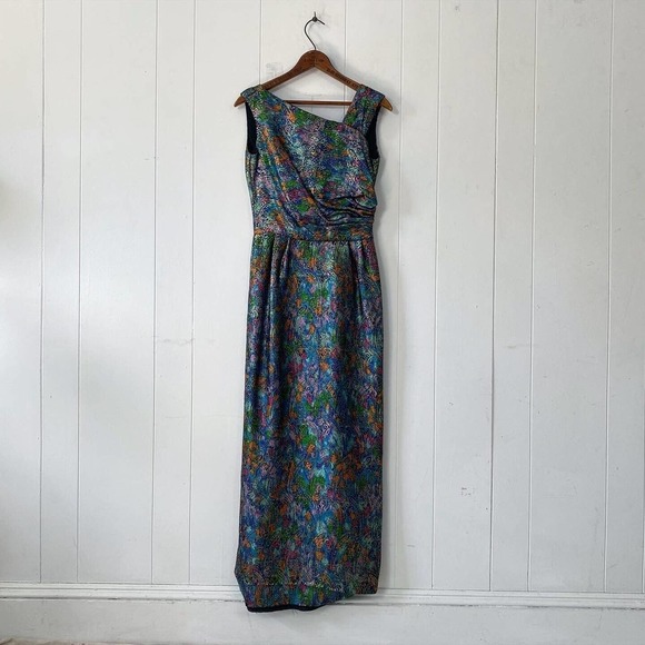 Vintage 1950s Jacquard Metallic Lamé Bombshell Evening Gown Low Back Asymmetric - Picture 5 of 10